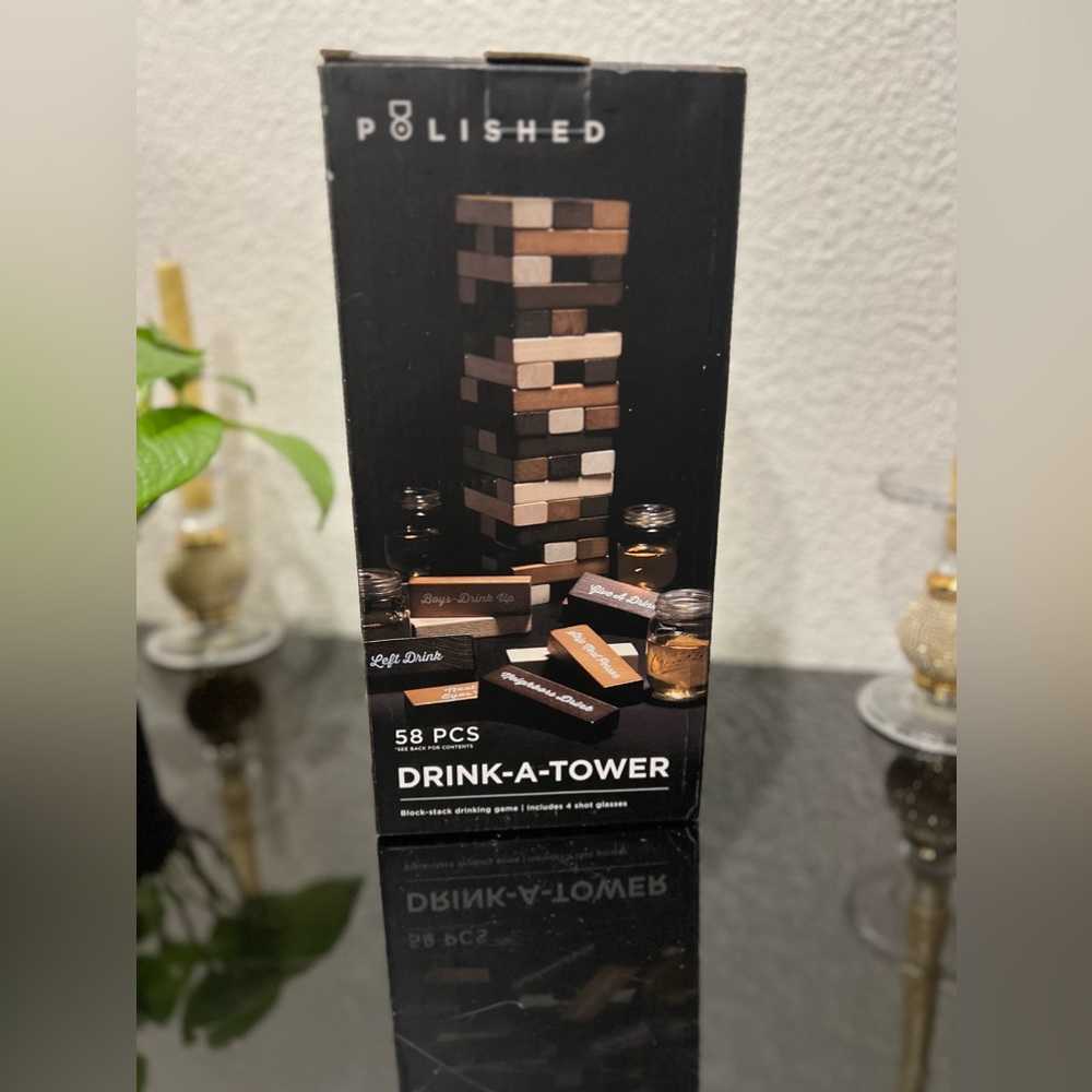 DRINK-A-TOWER  Block Stack Drinking Game - Includes 4 Shot Glasses